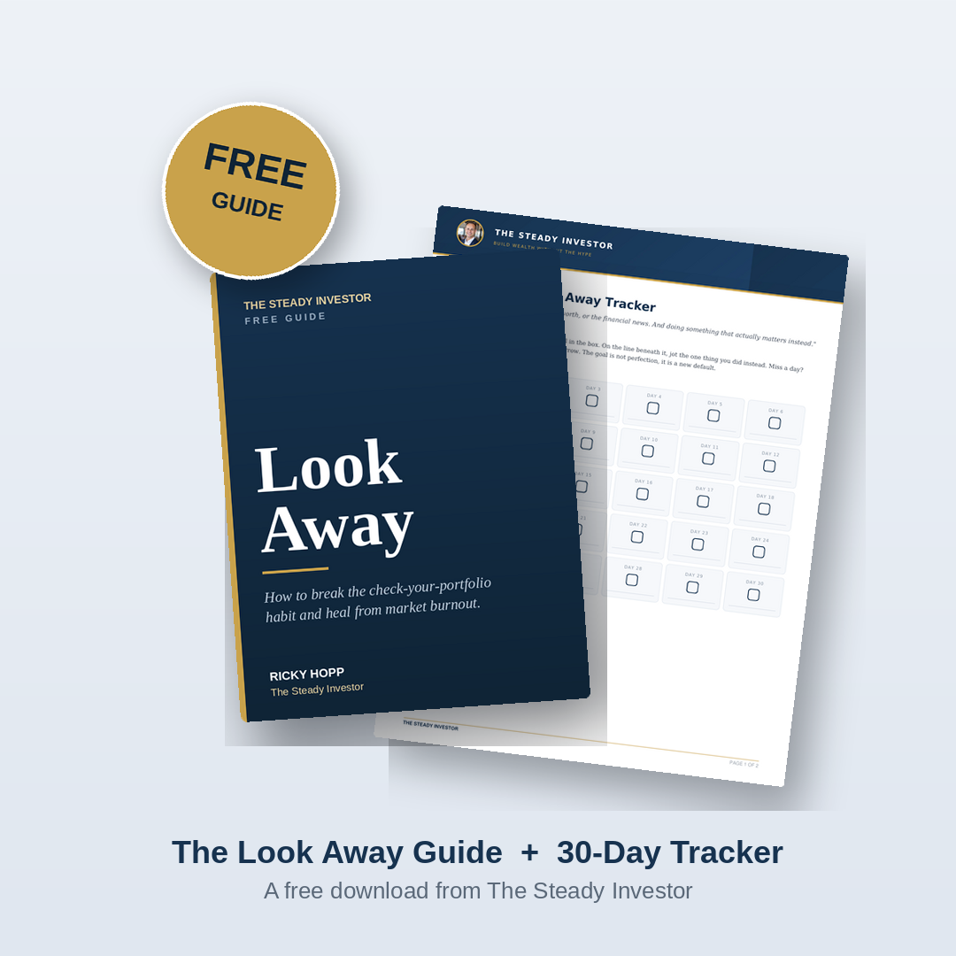 Navy and gold cover of the free "Look Away" guide by Ricky Hopp with 30-Day Tracker page and a "Free Guide" badge.